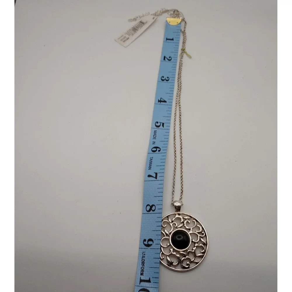 Etienne Aigner Silver-Tone Filigree Round Semi-Precious Pendant Necklace w/‎ Box